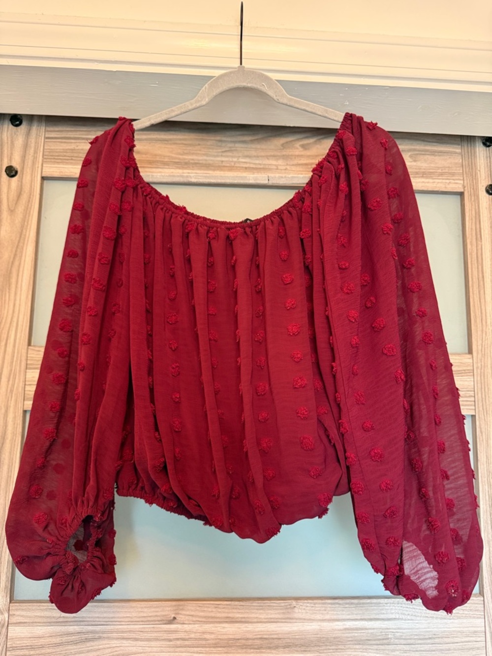 HYFVE Burgundy Sheer Textured Peasant Blouse